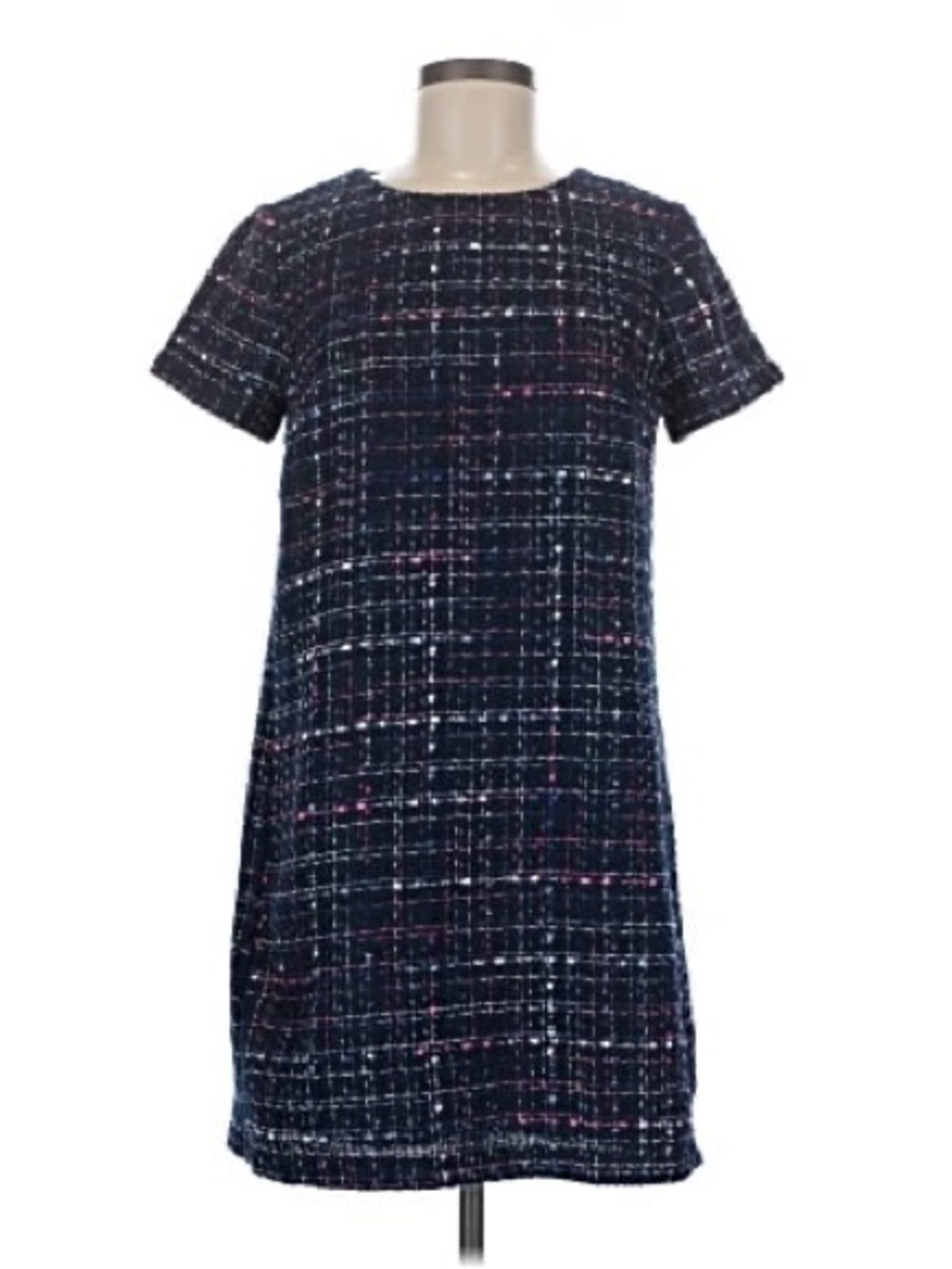 LOFT Navy Tweed A-Line Short-Sleeve Dress with Pink Accents